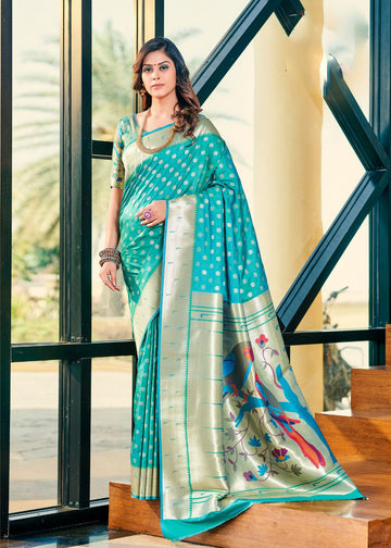 Teal  Blue Paithani  Silk  saree for women