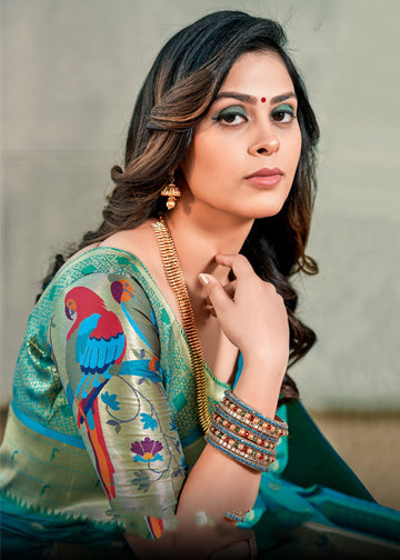 Teal  Blue Paithani  Silk  saree for women