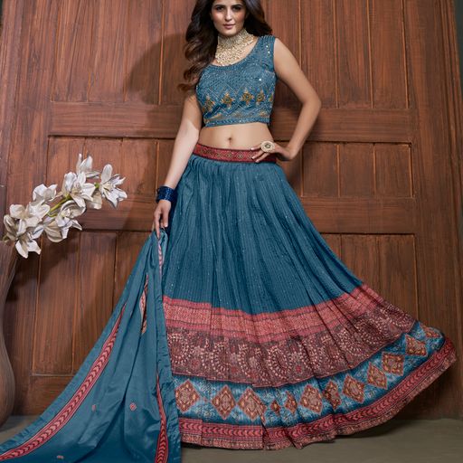 Blue Reasham Sequence  Hand  Work  lehenga choli with Chifon dupatta