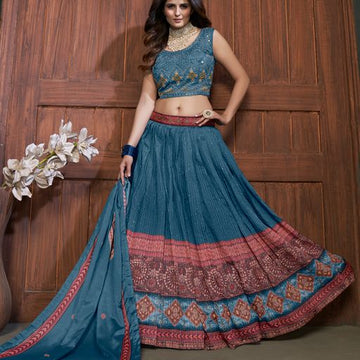 Blue Reasham Sequence  Hand  Work  lehenga choli with Chifon dupatta
