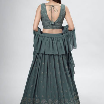Dark Green Mukaish ,Sequence and Thread  Work  lehenga choli with Georgette dupatta