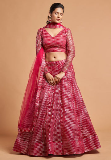 Pink   Zari and Sequence Embroidery Work lehenga choli with Net dupatta