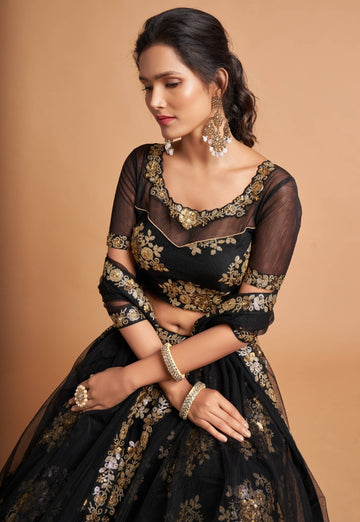 Black  Zari and Sequence Embroidery Work  lehenga choli with Net dupatta