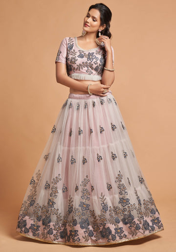 Gray Zari and Sequence , Thread Embroidery Work lehenga choli with Net  dupatta