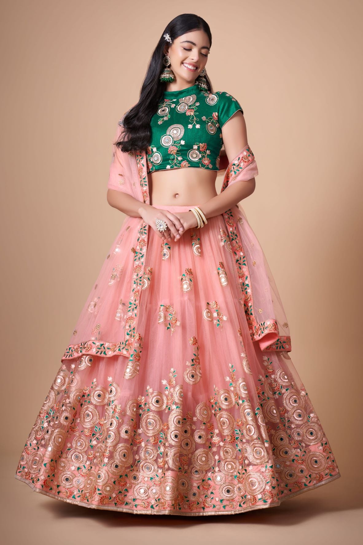 Pink and Green   Zari and Sequence ,Thread Embroidery Work lehenga choli with Net dupatta