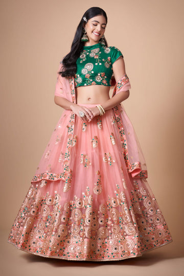 Pink and Green   Zari and Sequence ,Thread Embroidery Work lehenga choli with Net dupatta