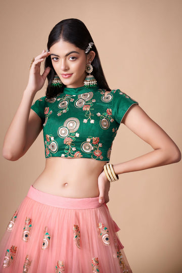 Pink and Green   Zari and Sequence ,Thread Embroidery Work lehenga choli with Net dupatta