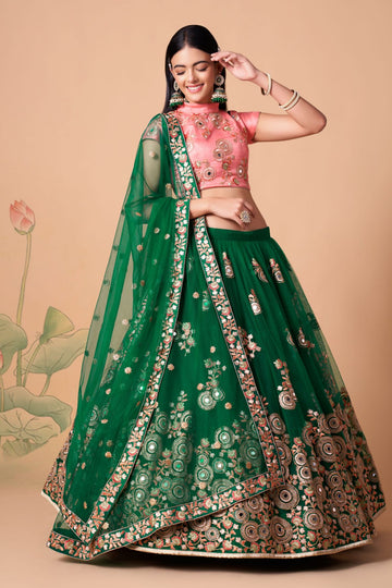 Green  and Pink  Zari and Sequence ,Thread Embroidery Work  lehenga choli with Net dupatta