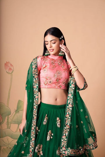 Green  and Pink  Zari and Sequence ,Thread Embroidery Work  lehenga choli with Net dupatta
