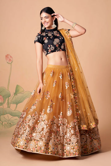 Black and Yellow  and Sequence ,Thread Embroidery Work  lehenga choli with Net dupatta
