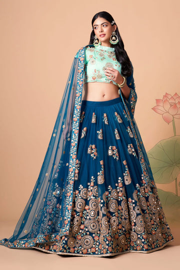 Blue  Zari and Sequence ,Thread Embroidery Work  lehenga choli with Net dupatta