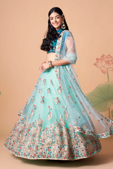 Blue Zari and Sequence ,Thread Embroidery Work lehenga choli with Net dupatta