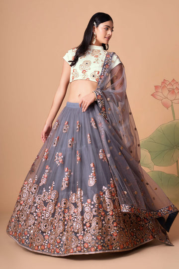 Gray and Off-white   Zari and Sequence ,Thread Embroidery Work  lehenga choli with net dupatta