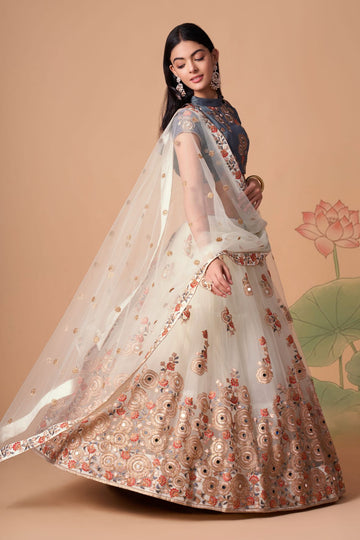 Gray and Off-white   Zari and Sequence ,Thread Embroidery Work  lehenga choli with Net dupatta