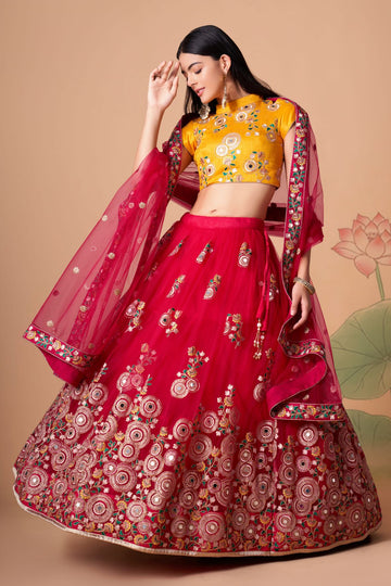 Yellow and Red  Zari and Sequence ,Thread Embroidery Work lehenga choli with Net dupatta