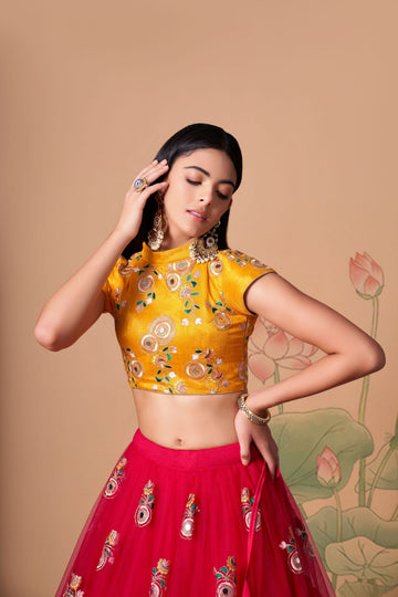 Yellow and Red  Zari and Sequence ,Thread Embroidery Work lehenga choli with Net dupatta