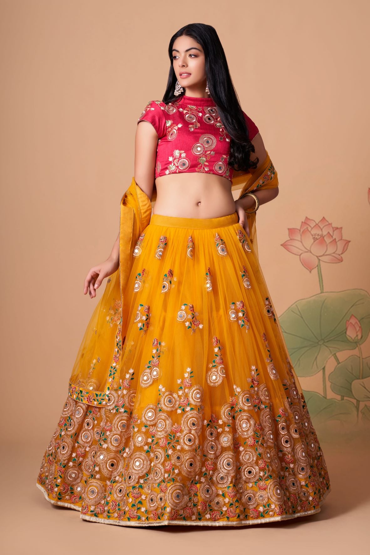 Yellow and Red  Zari and Sequence ,Thread Embroidery Work lehenga choli with Net  dupatta