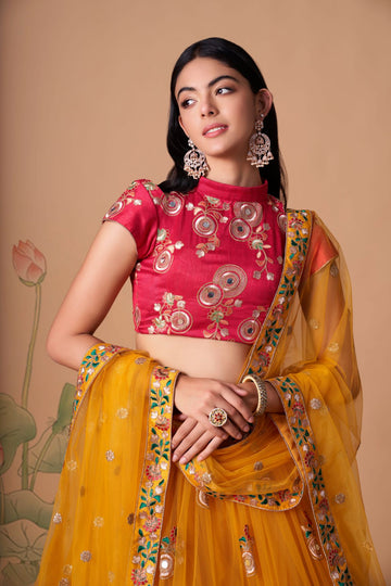 Yellow and Red  Zari and Sequence ,Thread Embroidery Work lehenga choli with Net  dupatta