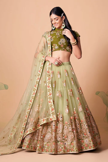 Mehendi   Zari and Sequence ,Thread Embroidery Work lehenga choli with Net dupatta