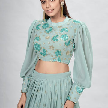 Pista Green  Mukaish ,Sequence and Thread  Work  lehenga choli with Georgette dupatta