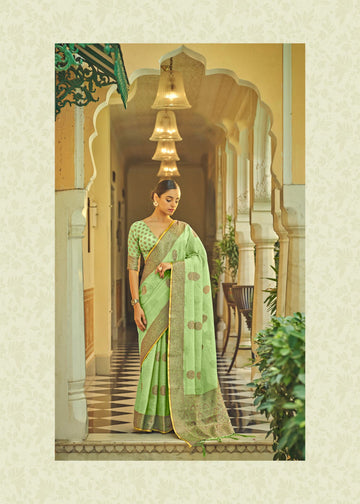 Pista Green  linen With Tissue Silk  Saree for women