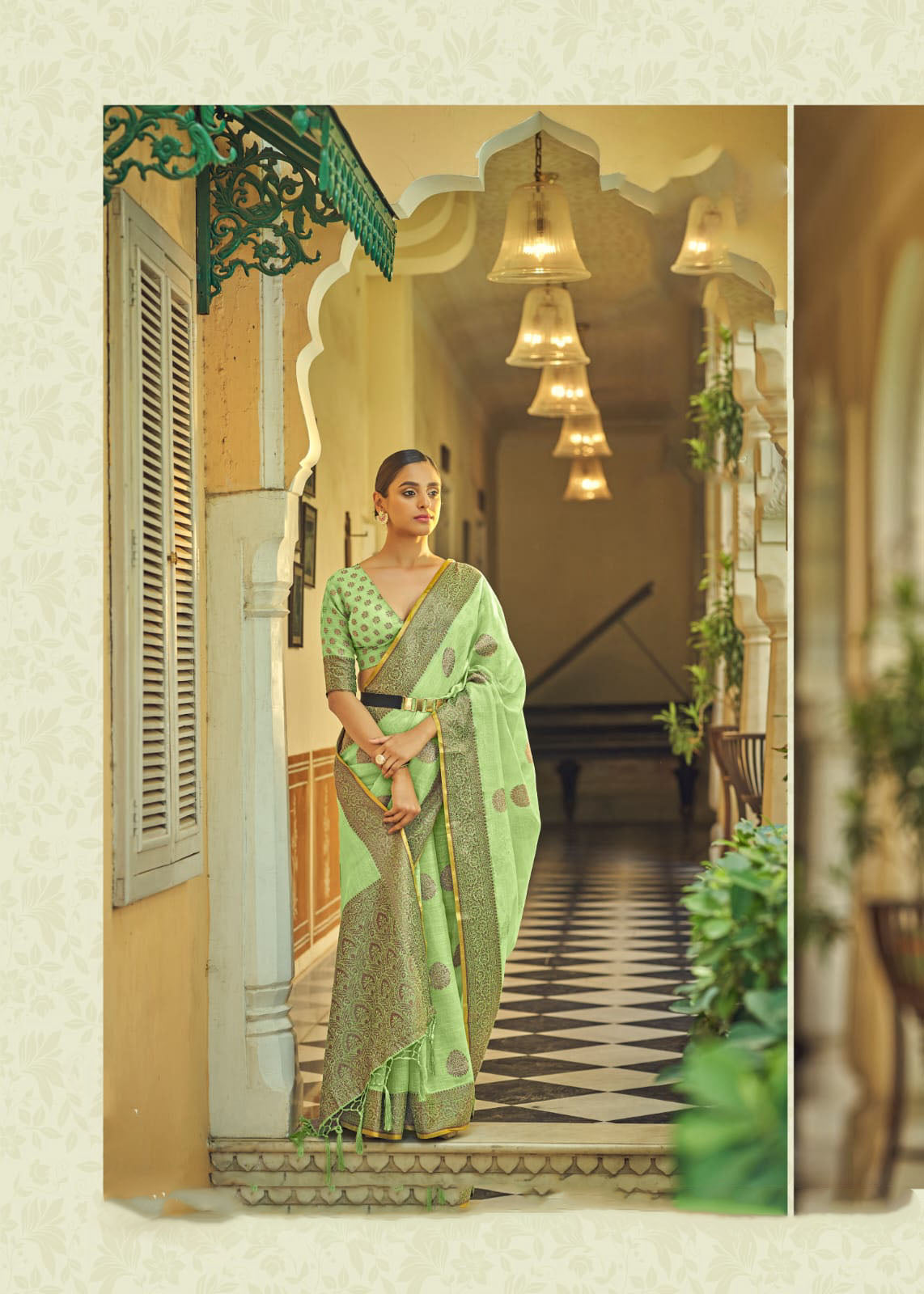 Pista Green  linen With Tissue Silk  Saree for women