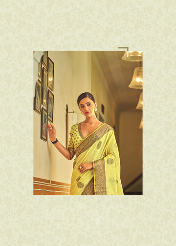 Yellow   linen With Tissue Silk  Saree for women
