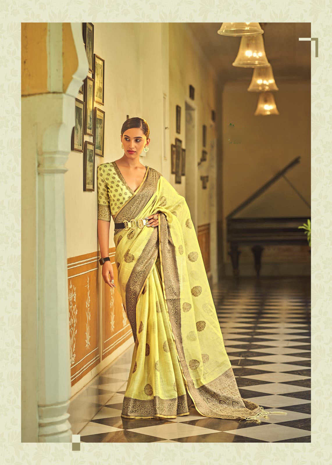Yellow   linen With Tissue Silk  Saree for women