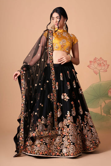 Black and Yellow Thread, Zari, Dori and Sequins Embroidery with Mirror Work lehenga choli with Net  dupatta