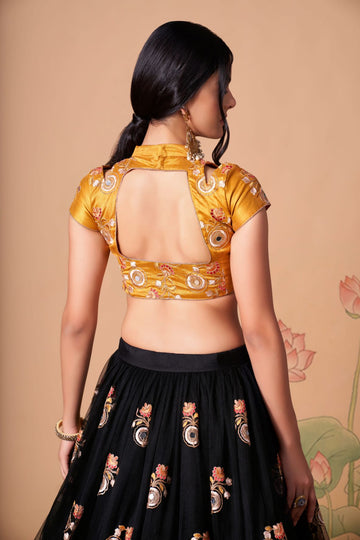 Black and Yellow Thread, Zari, Dori and Sequins Embroidery with Mirror Work lehenga choli with Net  dupatta