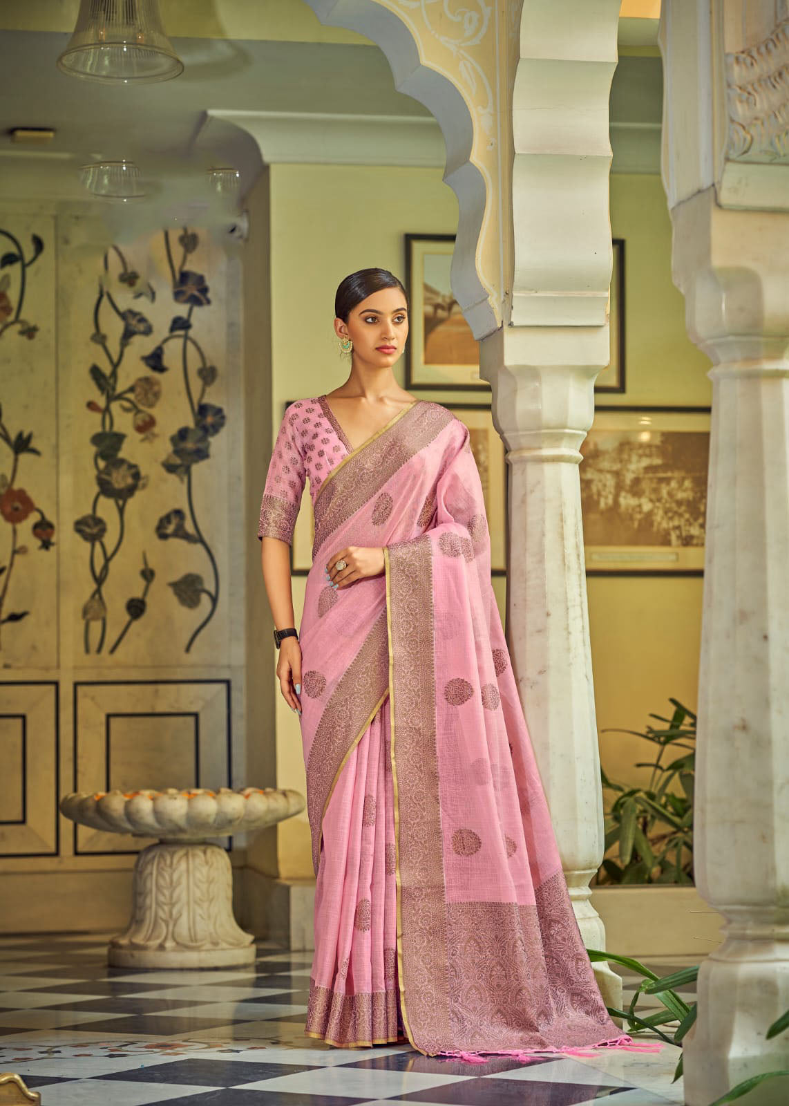 Light Pink  linen With Tissue Silk  Saree for women