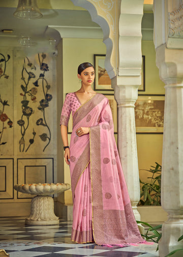 Light Pink  linen With Tissue Silk  Saree for women
