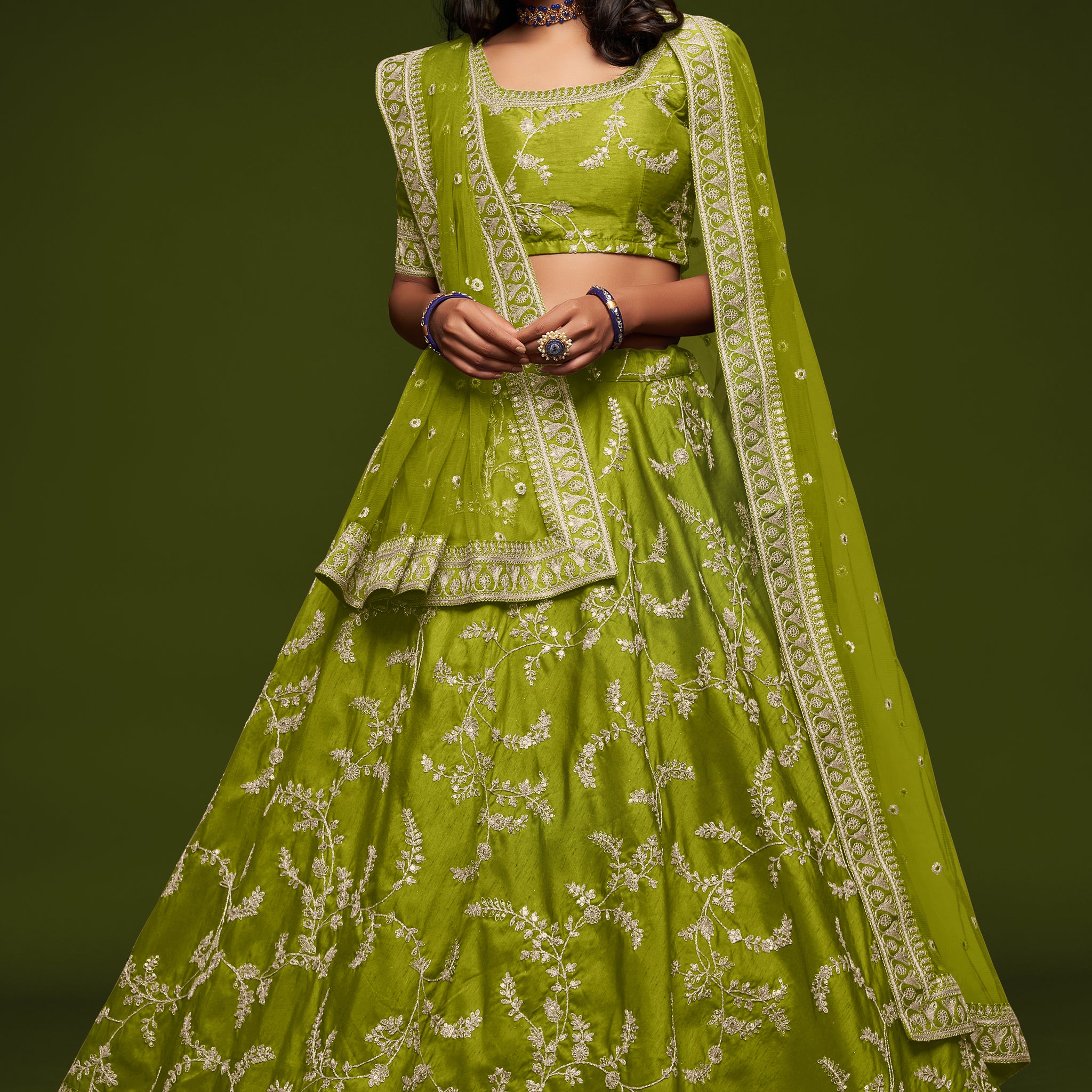 Neon Green   Zari and Sequence Embroidery Work lehenga choli with Net dupatta