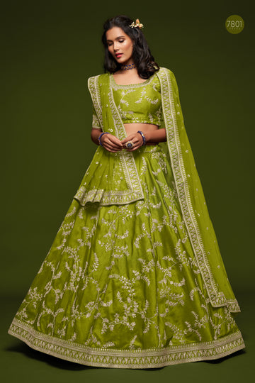 Neon Green   Zari and Sequence Embroidery Work lehenga choli with Net dupatta