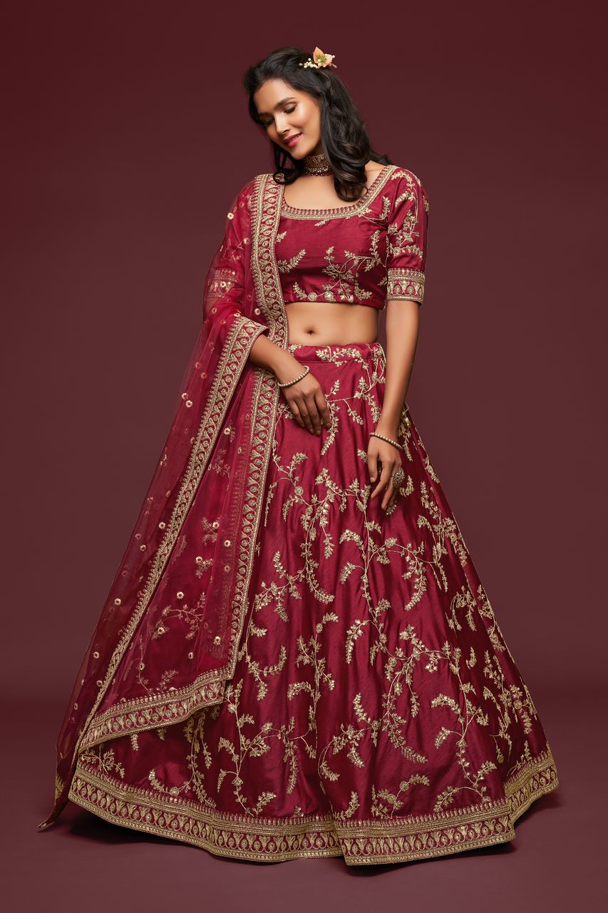 Red  Zari and Sequence Embroidery Work lehenga choli with Net dupatta