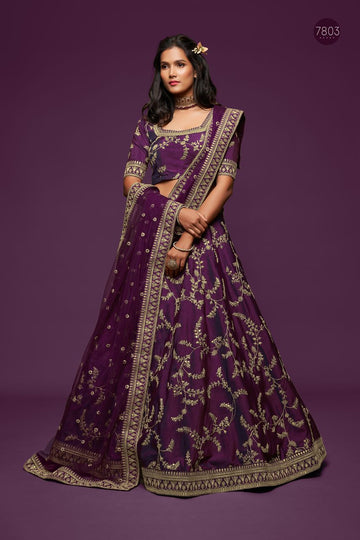 Wine Purple Zari and Sequence Embroidery Work lehenga choli with Net dupatta