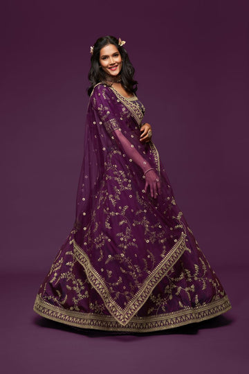 Wine Purple Zari and Sequence Embroidery Work lehenga choli with Net dupatta