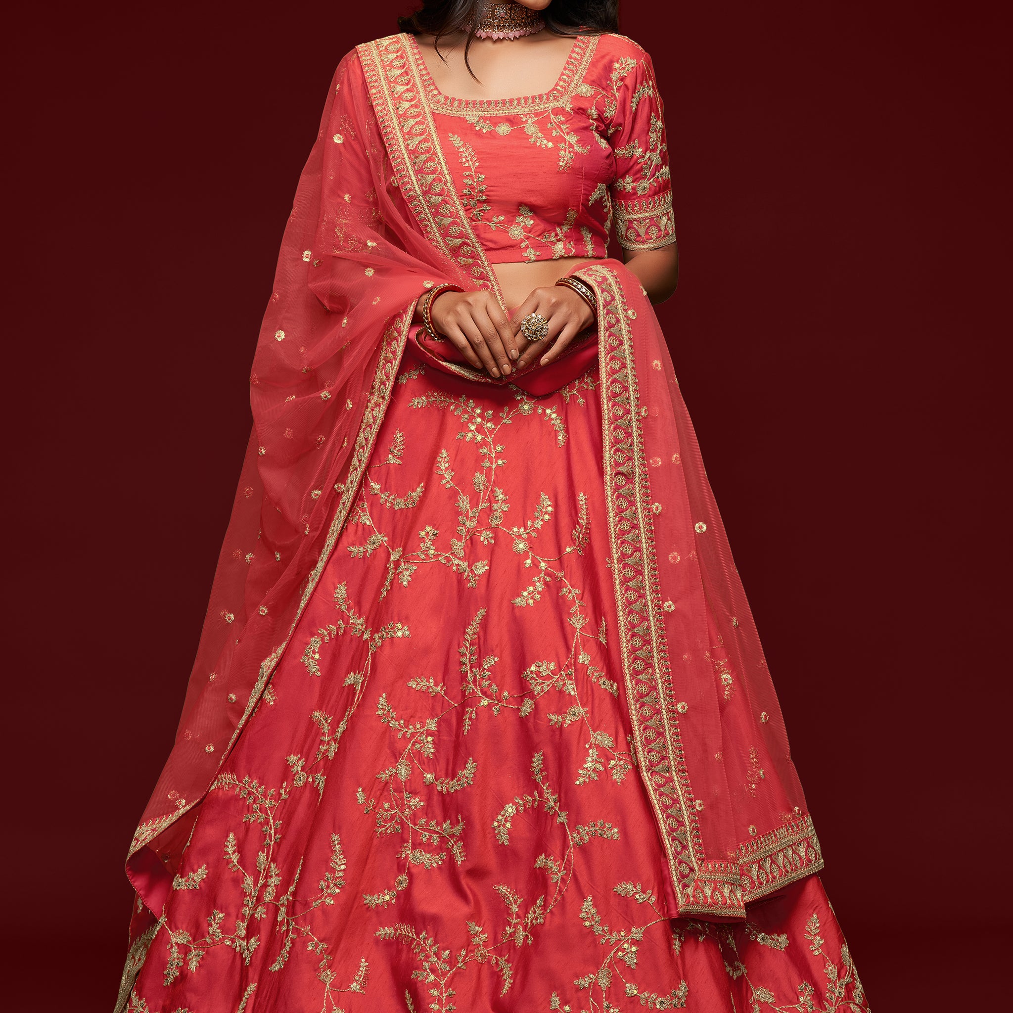 Orange  Zari and Sequence Embroidery Work lehenga choli with Net dupatta