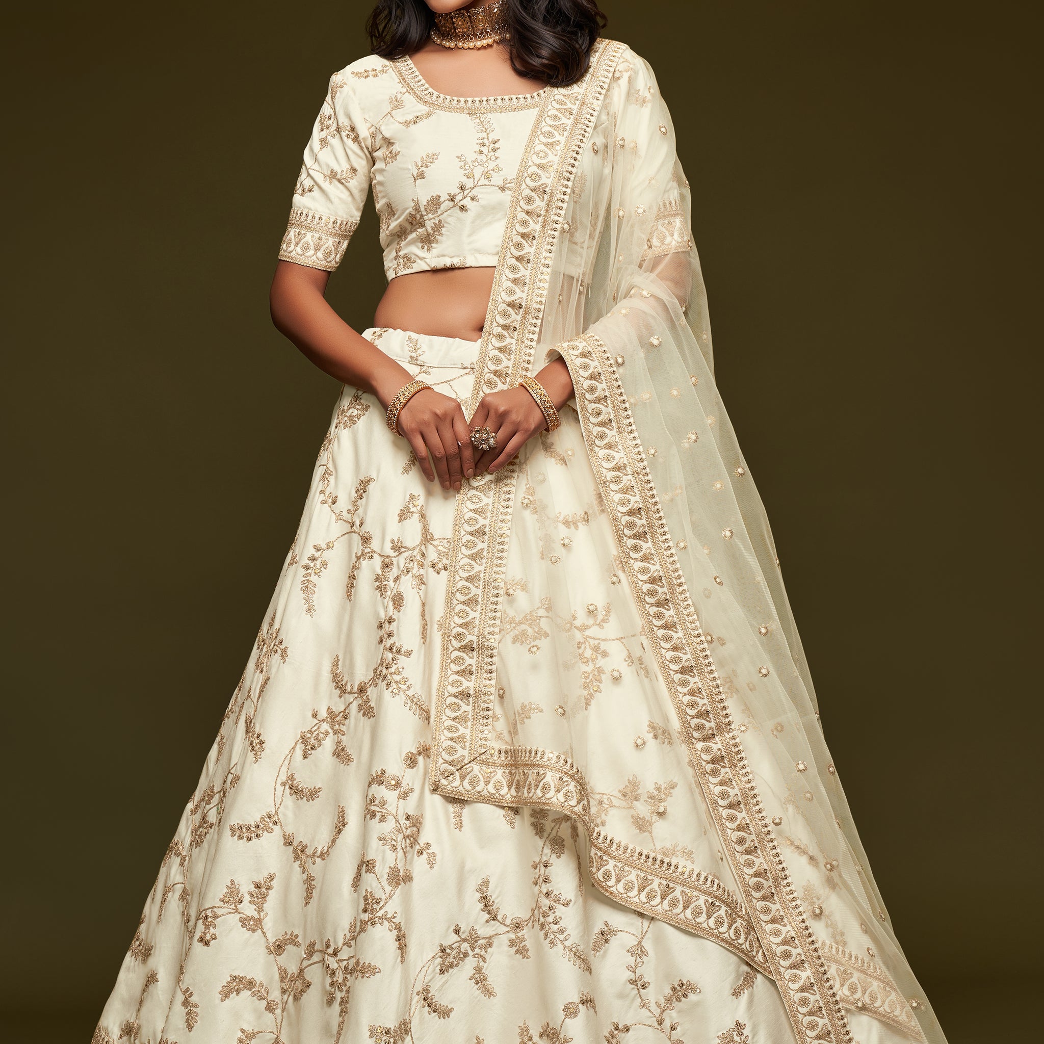 White Zari and Sequence Embroidery Work  lehenga choli with Net dupatta