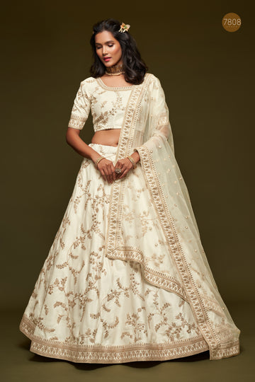 White Zari and Sequence Embroidery Work  lehenga choli with Net dupatta