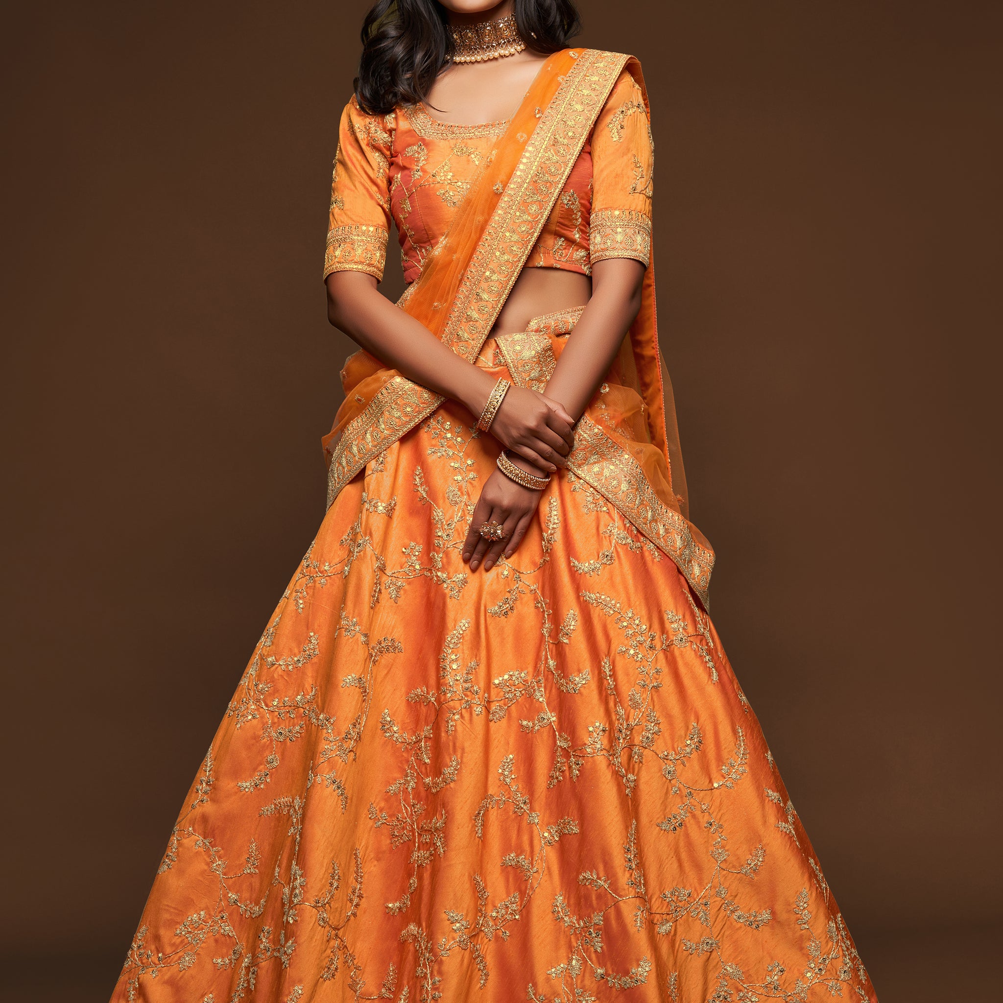 Orange Zari and Sequence Embroidery Work lehenga choli with Net dupatta