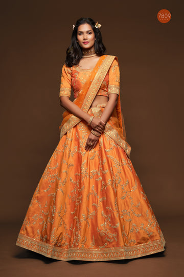 Orange Zari and Sequence Embroidery Work lehenga choli with Net dupatta