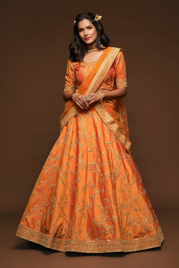 Orange Zari and Sequence Embroidery Work lehenga choli with Net dupatta
