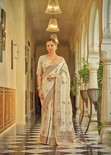 Off White linen With Tissue Silk  Saree for women