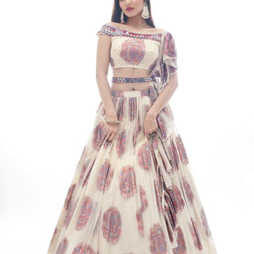 Off White Thread and Mirror  Work  lehenga choli with jacquard Silk  dupatta