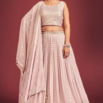 Peach  Thread Siquence  Work   lehenga choli with Georgette dupatta