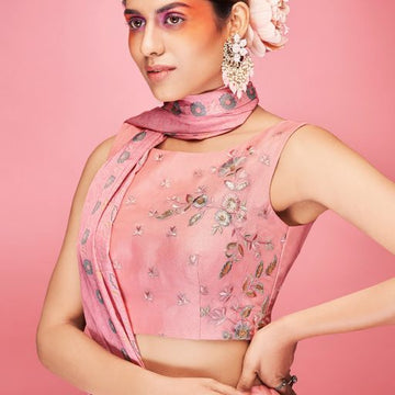 Peach  Crush , Thread and Hand  Work  lehenga choli with Satin dupatta