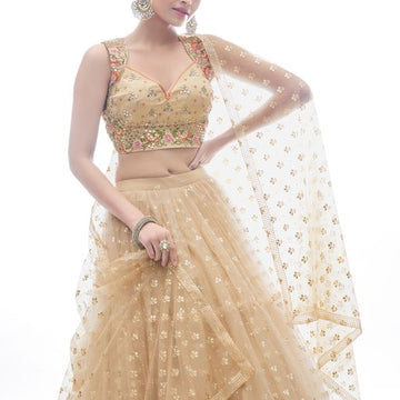 Beige Thread and Hand  Work lehenga choli with Soft Net  dupatta