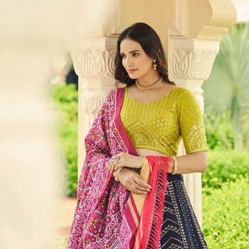Navy Blue and Green Thread Siquence  Embroided   Work   lehenga choli with Silk  dupatta