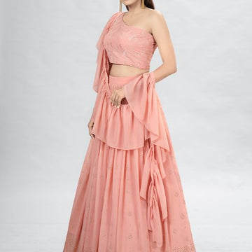 Peach Mukaish ,Sequence and Thread  Work  lehenga choli with Georgette dupatta